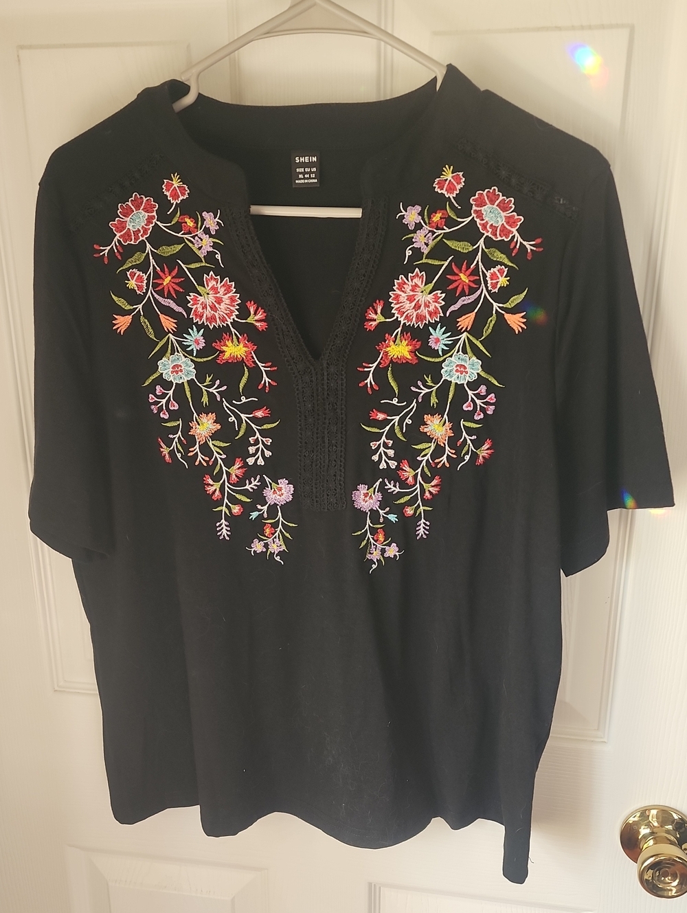 SHEIN Black Floral Embroidered V-Neck Top